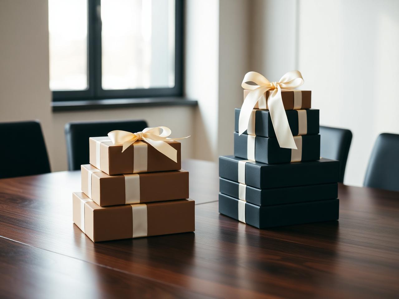 Stacked luxury chocolate gift boxes on a boardroom table
