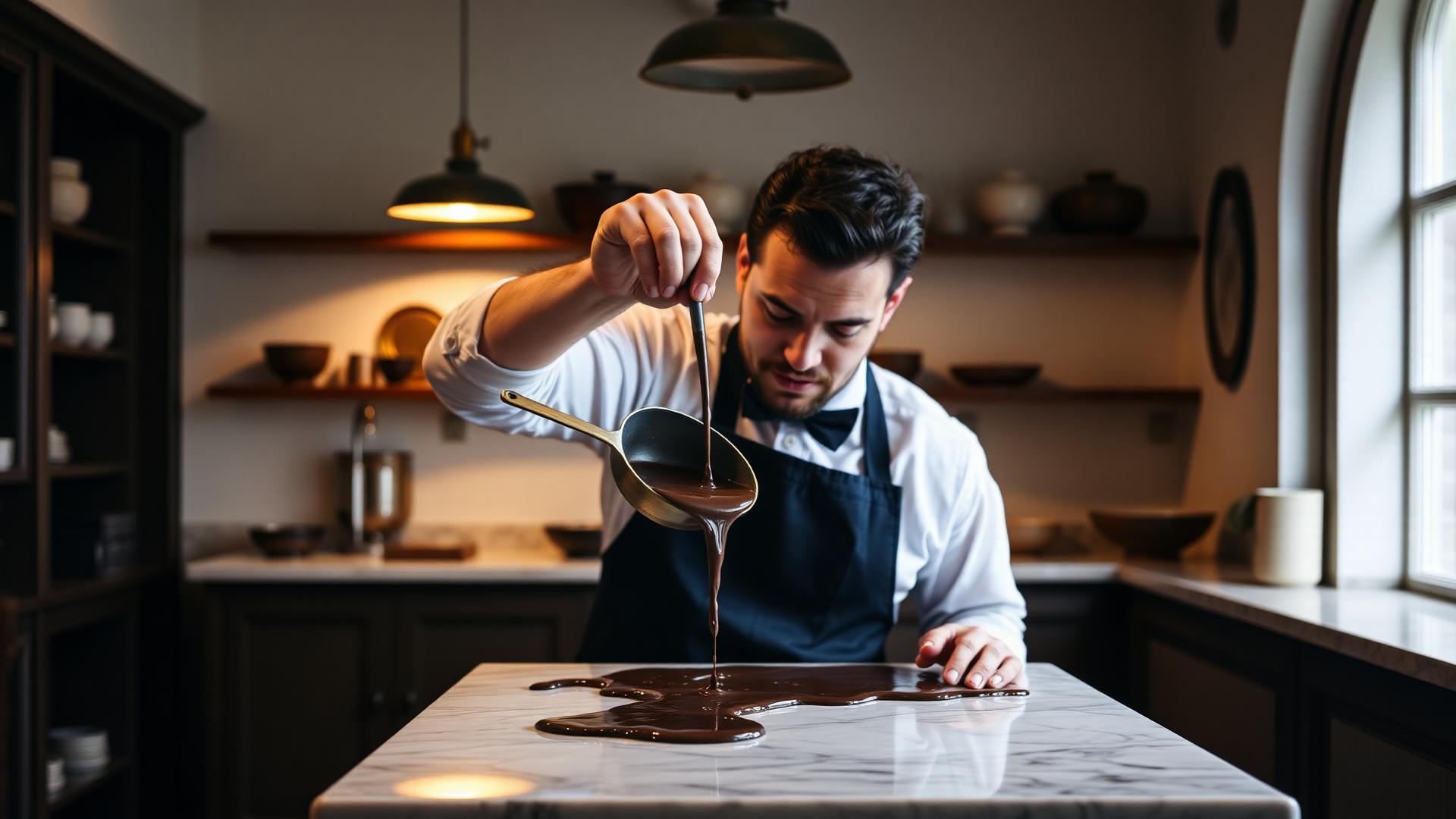 A master chocolatier pouring tempered chocolate onto marble