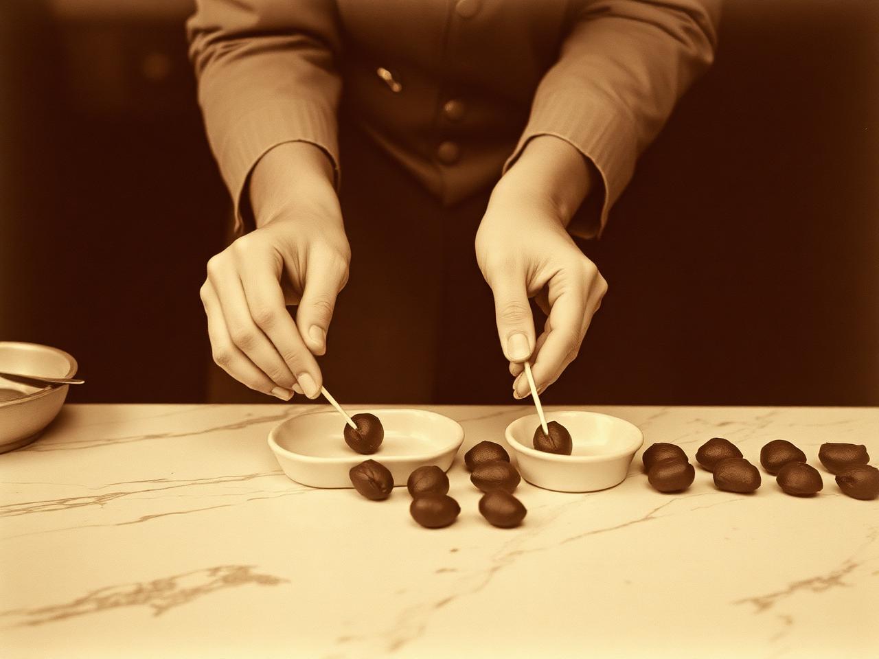 Archival photograph of a chocolatier hand-dipping pralines