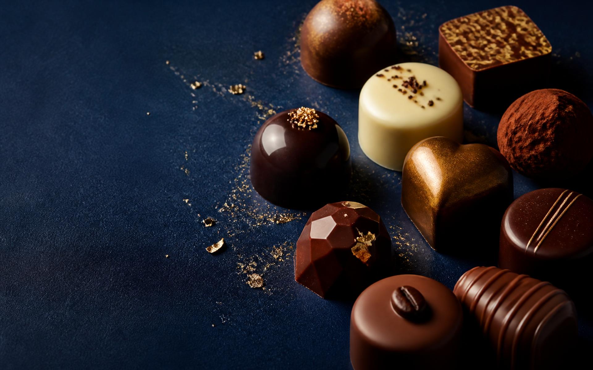 Assortment of Leonidas Belgian pralines on deep navy